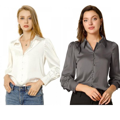 Allegra K Women's Satin Puff Sleeve Point Collar Vintage Button Up Shirt 2 Pcs
