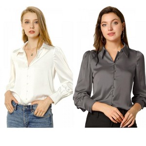 Allegra K Women's Satin Puff Sleeve Point Collar Vintage Button Up Shirt 2 Pcs - 1 of 4