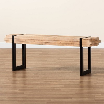 Henson Natural Brown Wood and Black Metal Bench