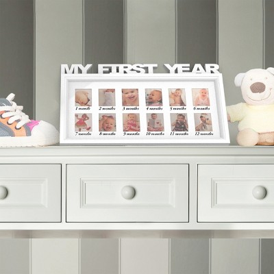 My First Year Collage Baby Picture Frame - Memory Keepsake for Babies with 12-Month Display for Wallet Photos - Milestone Board by Lavish Home (White)