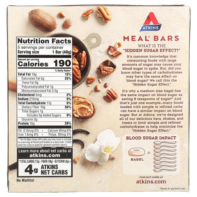 Atkins Protein Meal Bar, Vanilla Pecan Crisp, 5 Bars, 1.69 oz (48 g) Each, 2 of 4
