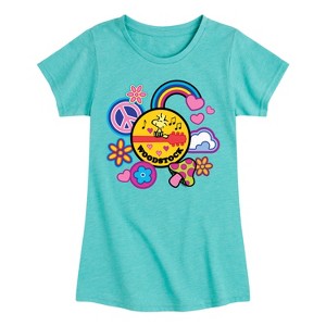 Girls' - Peanuts - Woodstock Peace And Love Flair Fitted Short Sleeve Graphic T-Shirt - 1 of 4