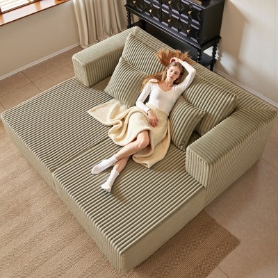JOYRACER Oversized Chaise Lounge Chair, Corduroy Upholstered Sleeper Sofa with 4 Throw Pillows and Wide Armrest for Living Room