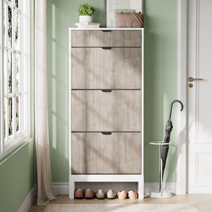 Shoe Storage Cabinet with 3 Flip Drawers, Farmhouse Fluted Shoe Organizer with Metal Legs, Freestanding Hidden Slim Narrow Shoe Rack - 1 of 4