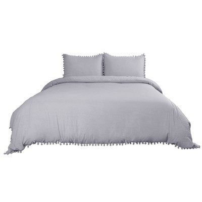 PiccoCasa Soft Bedding Solid Duvet Cover Set with Pompon Tassels and 2 Pillow Shams 3 Pcs