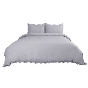 PiccoCasa Soft Bedding Solid Duvet Cover Set with Pompon Tassels and 2 Pillow Shams 3 Pcs - 1 of 4