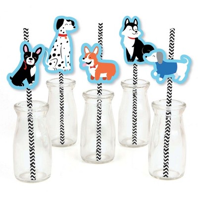 Big Dot of Happiness Pawty Like a Puppy - Paper Straw Decor - Dog Baby Shower or Birthday Party Striped Decorative Straws - Set of 24