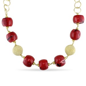 EVERLY JEWELRY | Yellow Plated Sterling Silver Natural Red Agate Stone Link Bead Necklace - 20 inch - 1 of 2