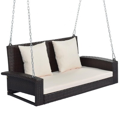 NAYSAYE Patio Swing 2 Person Wicker Hanging Porch Swing with Cushion and Pillow for Garden Relaxation, Brown, 22.4"*20.5"*28.89"