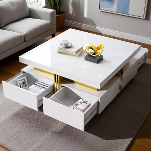 Mshliw Square Coffee Table with 4 Drawers, Glossy Finish Storage Center Table with Large 43.3 Inch Top, Dining Table, Accent Trim - 1 of 4