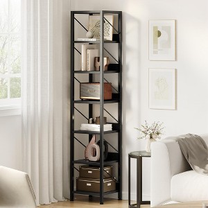 Narrow Bookshelf 6 Tier Tall Bookcase Skinny Storage Rack Rustic Shelf Metal Frame Small Freestanding Bookshelves - 1 of 4