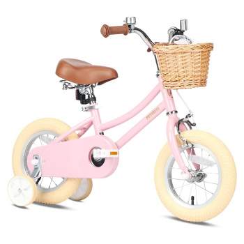 Petimini 12 Inch Steel Frame Child Bicycle with Wicket Basket, Handlebar Bell, Training Wheels, Adjustable Seat, and Parent Handle, Ages 1 to 4, Pink