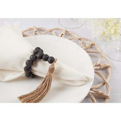 Black Mango Wood Bead Tassel Napkin Rings, Set of 4