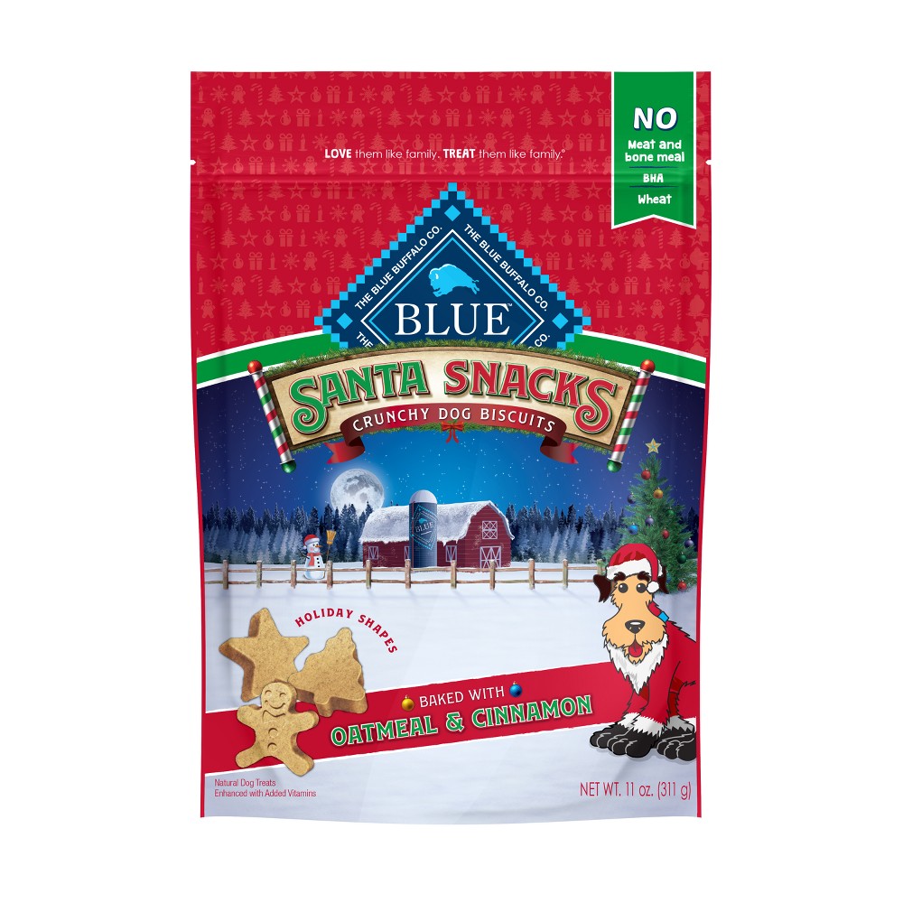 Blue Buffalo Santa Snacks Oatmeal & Cinnamon Flavor Crunchy Dry Biscuit Treats for Dogs  Whole Grain  11 oz. Bag