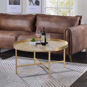 34" Round Coffee Table with Tray Style Top and Cross Bar Metal Base, Perfect for Living Room - 1 of 4