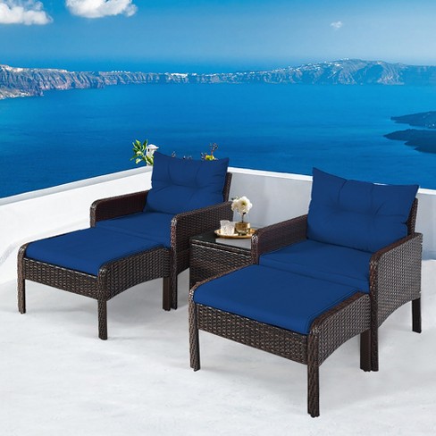 Outdoor 6 Piece Patio Set PE Wicker Rattan Dining Table Sectional Sofa Set with Cushions and Tempered Glass Tea Table - Blue/Brown Frame