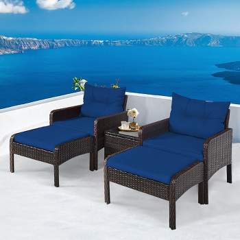 Tangkula 5PCS Patio Set Sectional Rattan Wicker Furniture Set w/ Navy Cushion