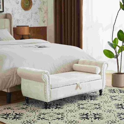 CAVINAS Storage Bench for Bedroom,Rectangular Velvet Fabric Storage Ottoman Bench with 1 Pillow for Living Room,Bedroom,Beige/Gray