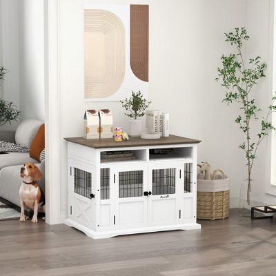 White Wooden Dog Crate Table with Storage and Double Doors