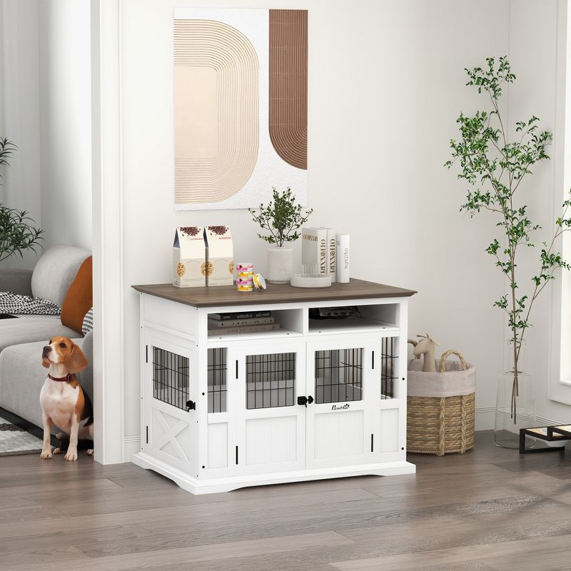 PawHut Dog Crate Furniture Side End Table with Storage, 41" Modern Wooden Dog Kennel Furniture with Double Doors for Small and Medium Dogs, White, 2 of 7