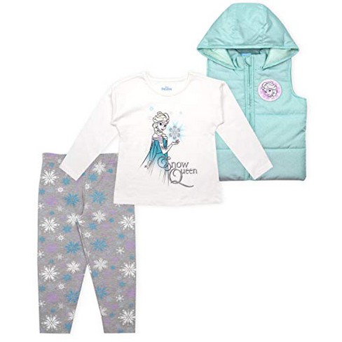 Disney Girl's 3-Pack Frozen Snow Queen Long Sleeve Graphic Tee, Snowflake  Patterned Leggings and Quilted Hoodie Vest - Multicolor, Size 3T