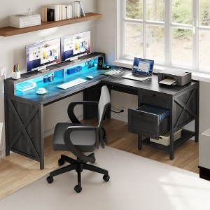 60Inch L Shaped Desk With Charging Station And File Drawer Modern Wood Computer Desk Game Desk Furniture For Home - 1 of 4