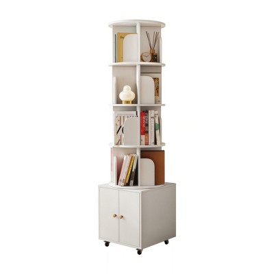 PDTEND 5-Tier 360° Rotating Corner Bookcase with Double Door Drawer for Small Spaces in Bedroom or Living Room