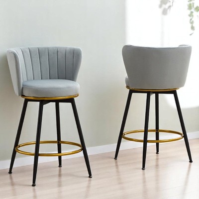 Counter Height Bar Stools Set of 2, 360° Swivel Velvet Barstools with Backrest and Metal Legs, 26" Seat Height for Kitchen or Dining Room