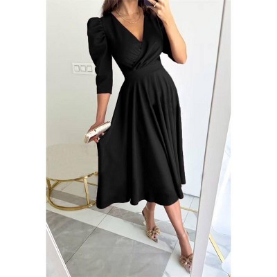 Womens Dress Wrap V Neck 3/4 Puff Sleeve Flowy Midi Dress