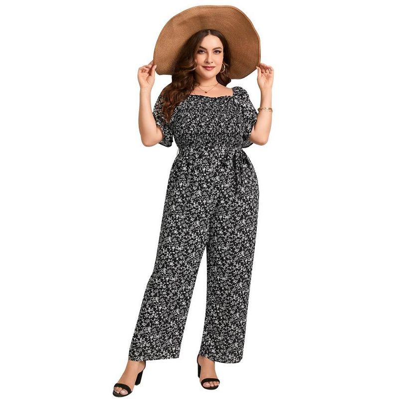 Whizmax Plus Size Casual Jumpsuits for Women Outfits Tie Belt Bell Sleeve Smocked Beach Wide Leg Floral Jumpsuits, 1 of 6