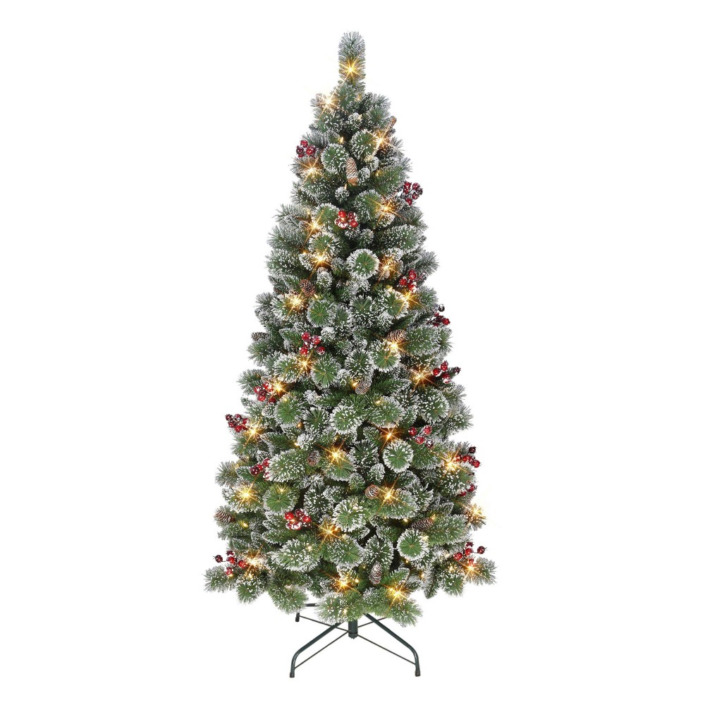 Photos - Garden & Outdoor Decoration Puleo 6.5' Pre-Lit LED Snowy Valley Pine Artificial Christmas Tree Warm Wh 