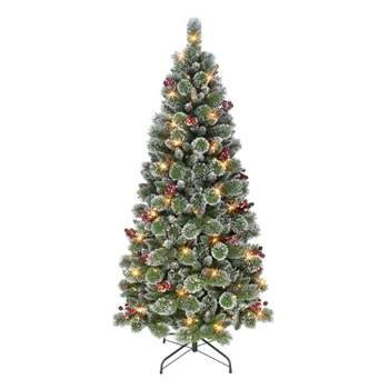 Puleo 6.5' Pre-Lit LED Snowy Valley Pine Artificial Christmas Tree Warm White Lights