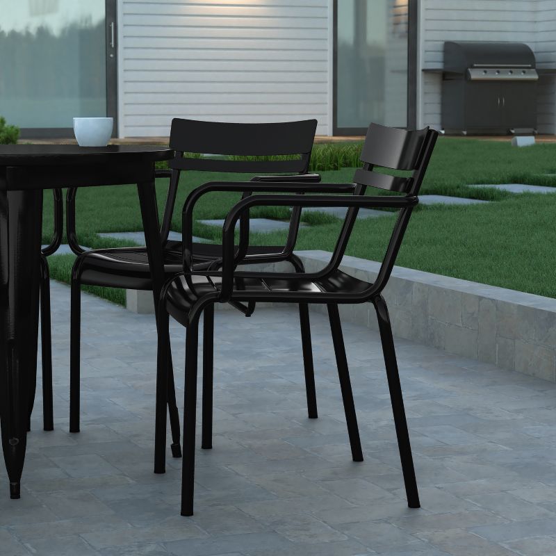 Emma and Oliver Powder Coated Steel Stacking Dining Chair with Arms and 2 Slat Back for Indoor-Outdoor Use, 2 of 12