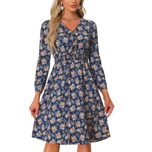 Allegra K Women's Floral Print V-Neck Smocked Waist Midi Dress - 1 of 4