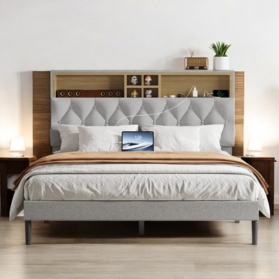 Mshliw Platform Bed Frame with 2-Tier Adjustable Headboard, Charging Station, and Storage Pockets – Noise-Free, No Box Spring Required