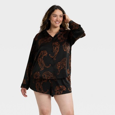 Women's Satin Notch Collar Long Sleeve Shirt and Shorts Pajama Set - Auden™