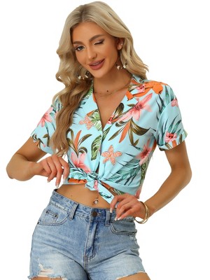 Allegra K Women's Hawaiian Floral Leaves Printed Short Sleeve Button Down Vintage Shirt