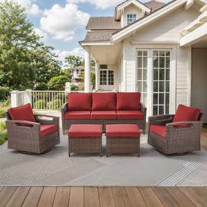 Belord 4 Piece Patio Furniture Set, All Weather Brown Wicker Outdoor Conversation Set with Patio Couch, Swivel Glider Chairs, and Metal Coffee Table - 1 of 4
