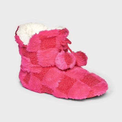 Women's Checkered Faux Fur Booties With Poms And Grippers - Pink M