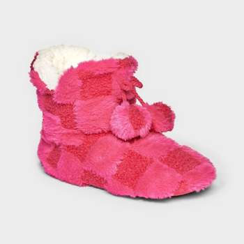Women's Checkered Faux Fur Booties with Poms and Grippers - Pink