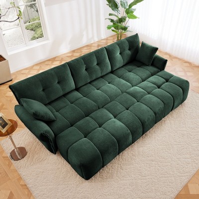 DOMETOUR 3-Seater Sofa Set with 3 Ottomans & Pillows, Solid Wood Frame, Textured Chenille, for Living Room/Office/Hotel, Green