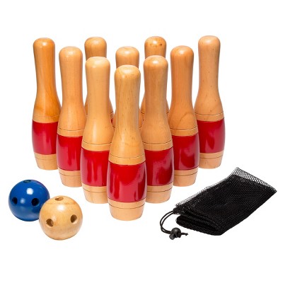 Red and Natural Wooden Lawn Bowling Game Set with Mesh Bag