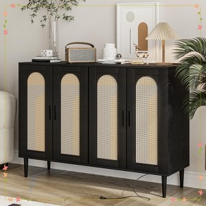 Elegant Natural Rattan Buffet Cabinet, 4-Door Storage Sideboard with Power Outlet & Adjustable Shelves - 1 of 4