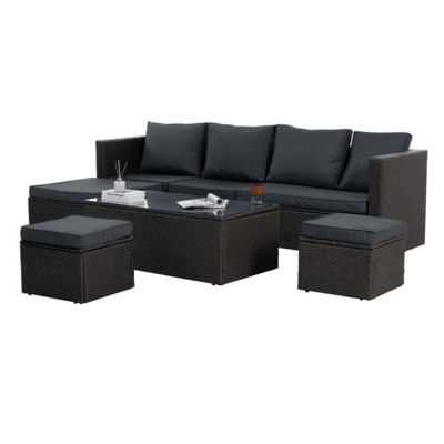Maggift 7PCS Patio Seating Rattan Furniture Set Sectional Sofa Cushioned Garden, Tempered Glass Table, Black, 98.4"*29.3"*26.7"
