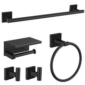 Itopfox 5 Piece Matte Black Bathroom Hardware Set 23.6 Inch Stainless Steel Towel Bar Towel Ring Toilet Paper Holder 2 Robe Hooks - 1 of 4