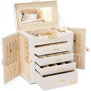Synthetic Leather Huge Jewelry Box Mirrored Watch Organizer Necklace Ring Earring Storage Lockable - 1 of 4