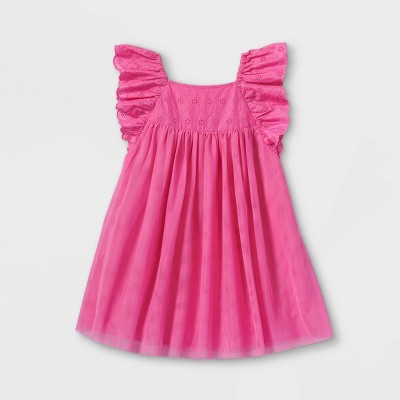 Toddler Girls' Ruffle Sleeve Eyelet Tutu Dress - Cat & Jack™ Bright Pink