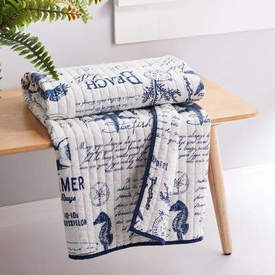 Navy and White Cotton Nautical Reversible Quilted Throw