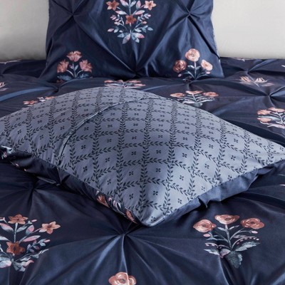 Navy Microfiber King Bedspread Set with Floral Embellishments