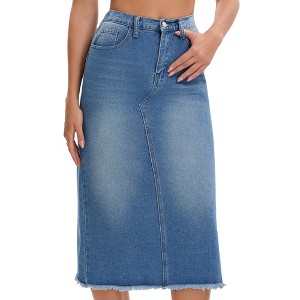 INSPIRE CHIC Women's Denim Elastic Waist Split Back Pockets Raw Hem Sheath Maxi Jean Skirts - 1 of 4